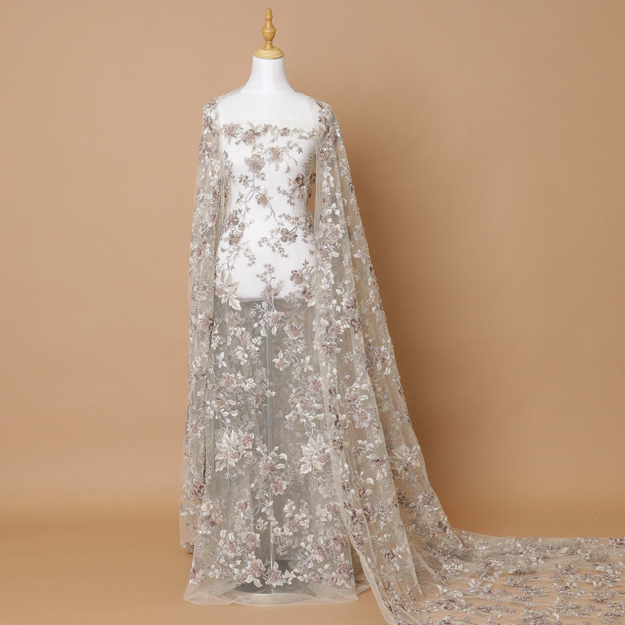 Light gold Premium wedding nylon tulle fabric with same tone, rose pink embroidery and pearls in floral design-D7913