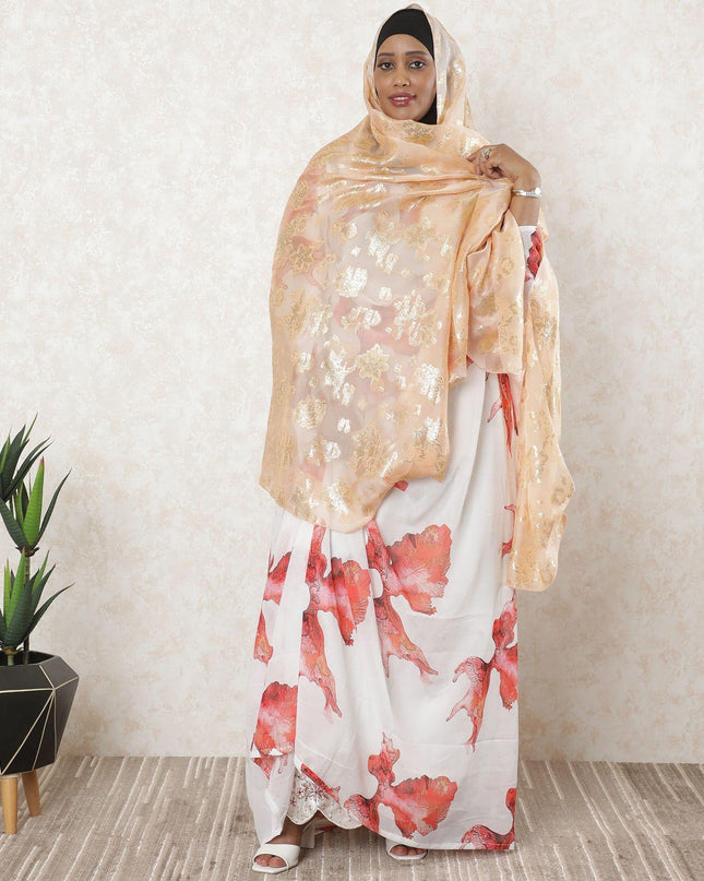 Light peach Premium pure French (Fransawi) silk chiffon garbasaar with same tone viscose and gold metallic lurex in floral design-D11580