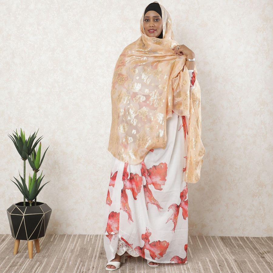 خوخي فاتح فاخر من الحرير الفرنسي النقي (الفرانساوي) من الشيفون مع نفس اللون من الفسكوز والوركس المعدني الذهبي بتصميم الأزهار-D11580