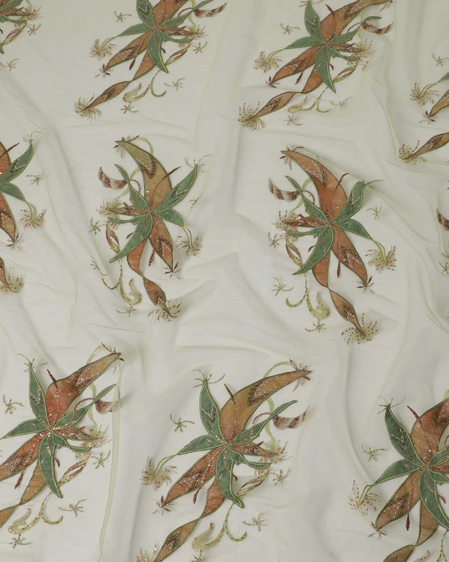 Lime green nylon tulle fabric with olive green embroidery, copper sequins, bugle beads and patch work in floral design