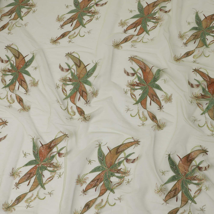 Lime green nylon tulle fabric with olive green embroidery, copper sequins, bugle beads and patch work in floral design