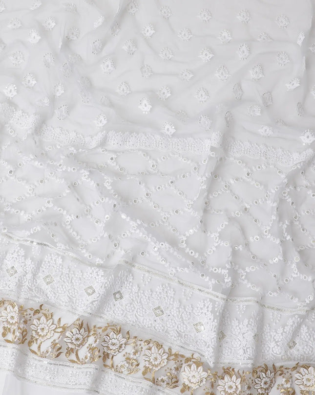 Rhino grey nylon tulle fabric with white and gold embroidery having gold sequins in fancy design-D6904 Regal Fabrics