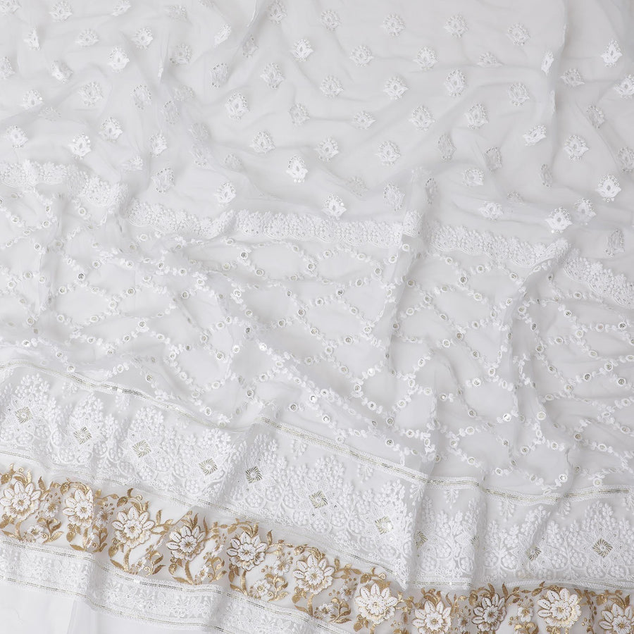Rhino grey nylon tulle fabric with white and gold embroidery having gold sequins in fancy design-D6904 - Regal Fabrics