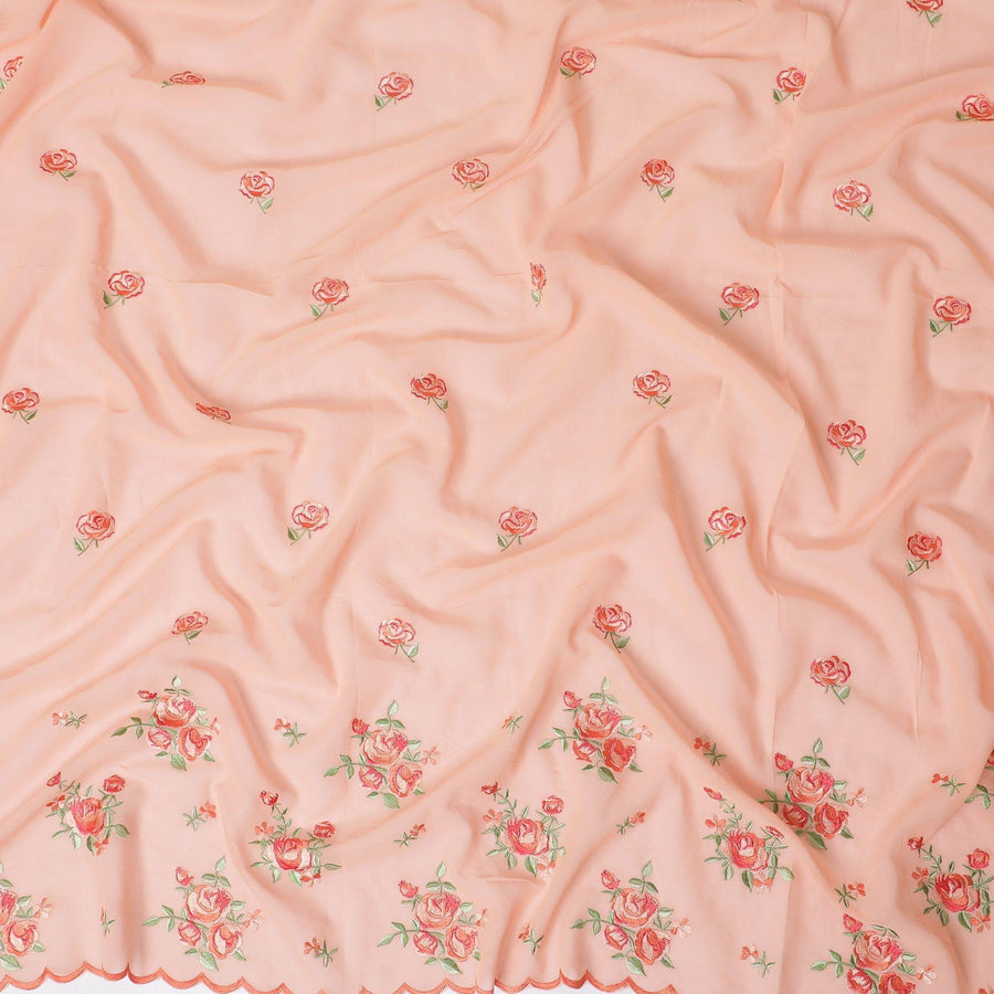 Peach cotton voile fabric with hot pink and sage green embroidery in floral design-D12465