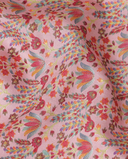 Light pink blended cotton silk fabric with multicolor embroidery in floral design-D15469