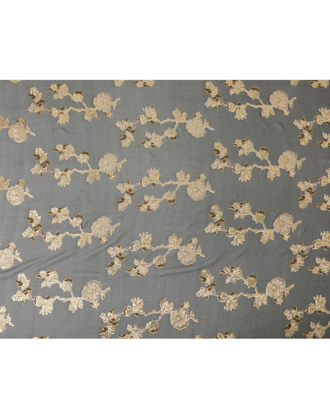 Black French silk chiffon fabric with beige, gold viscose and golden metallic lurex in floral design