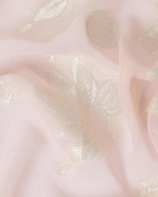 Salmon pink synthetic chiffon fabric with same tone metallic lurex having gold viscose in floral design-D11884 Regal Fabrics