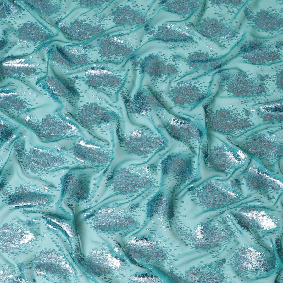 Sea green silk chiffon fabric with baby blue and copper metallic lurex in floral design-D8045