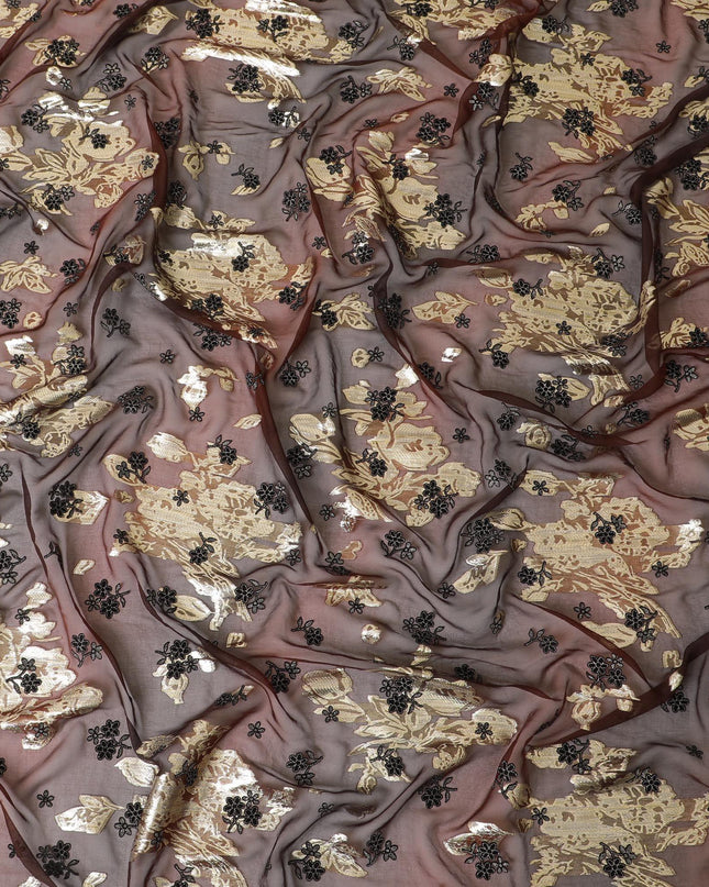 Barn red, black pure silk chiffon fabric with gold metallic lurex having black flock and glitter in floral design-D8239