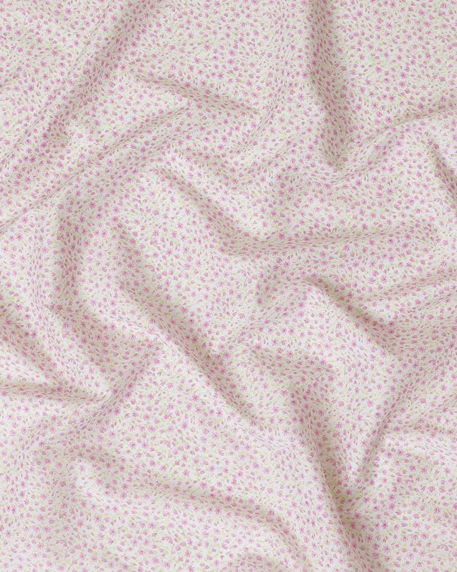 White 100% Swiss cotton lawn fabric with baby pink and parrot green print in floral design-D10104 Regal Fabrics