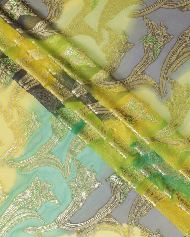 قماش شيفون حريري فرنسي (فرنساوي) فاخر متعدد الألوان مع لوركس معدني ذهبي بتصميم زهور-D14019