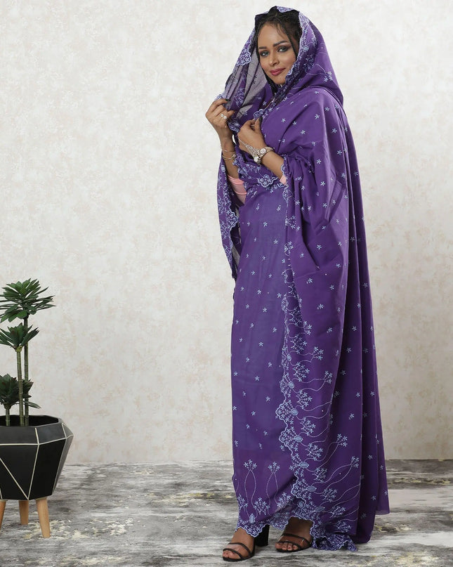 Purple Premium Swiss 100% cotton voile thobe with baby blue embroidery in clip cord design-D9481 Regal Fabrics