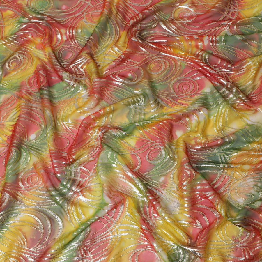 Multicolor premium pure silk chiffon fabric with gold metallic lurex in abstract design-D14082