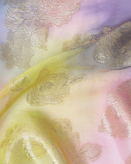 قماش شيفون حريري فرنسي (فرنساوي) فاخر متعدد الألوان مع لوركس معدني ذهبي بتصميم زهور-D14007