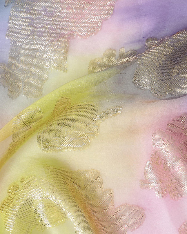 قماش شيفون حريري فرنسي (فرنساوي) فاخر متعدد الألوان مع لوركس معدني ذهبي بتصميم زهور-D14007