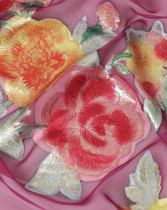 قماش شيفون حريري نقي فاخر باللون العنابي مع لوركس معدني متعدد الألوان بتصميم زهور -D10778