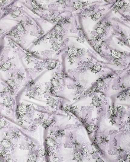 Off white synthetic crepe fabric with light lilac and turquoise green print having stone work in floral design-D15306 - Regal Fabrics