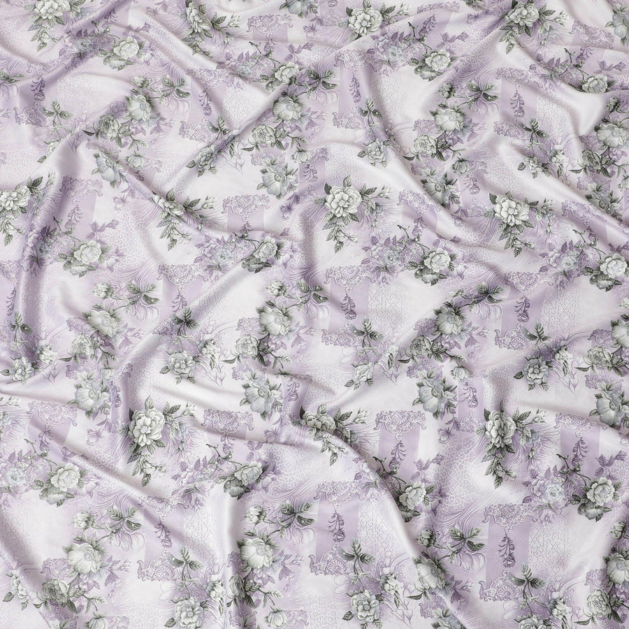 Off white synthetic crepe fabric with light lilac and turquoise green print having stone work in floral design-D15306 - Regal Fabrics