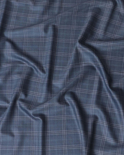 Denim blue Premium pure Italian Super 130's all wool suiting fabric with blue and grey checks design-D14803 Regal Fabrics