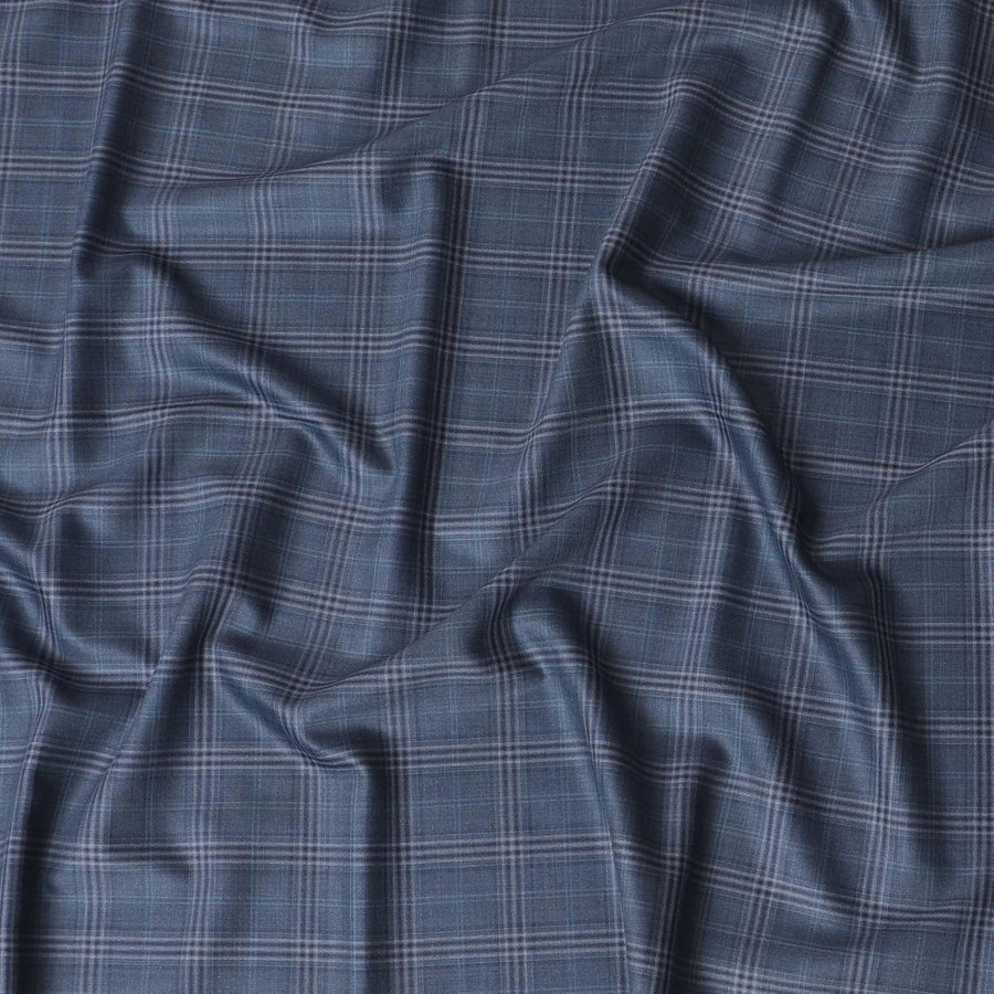 Denim blue Premium pure Italian Super 130's all wool suiting fabric with blue and grey checks design-D14803 Regal Fabrics