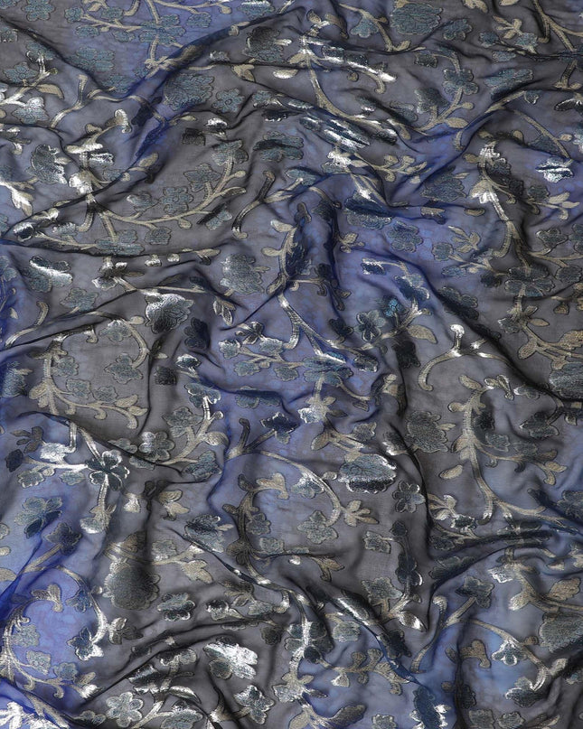 Blue Premium pure silk chiffon fabric with gold metallic lurex in floral design-D12536