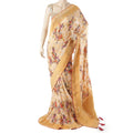 Sepia beige blended synthetic chiffon saree with multicolor embroidery in fancy design having mustard and baby pink embroidery