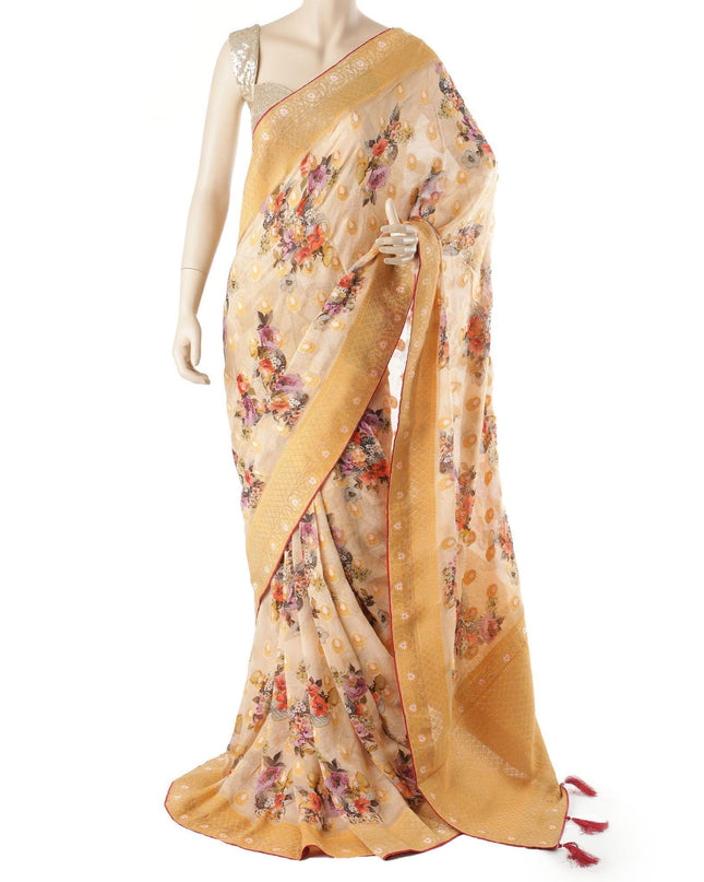 Sepia beige blended synthetic chiffon saree with multicolor embroidery in fancy design having mustard and baby pink embroidery