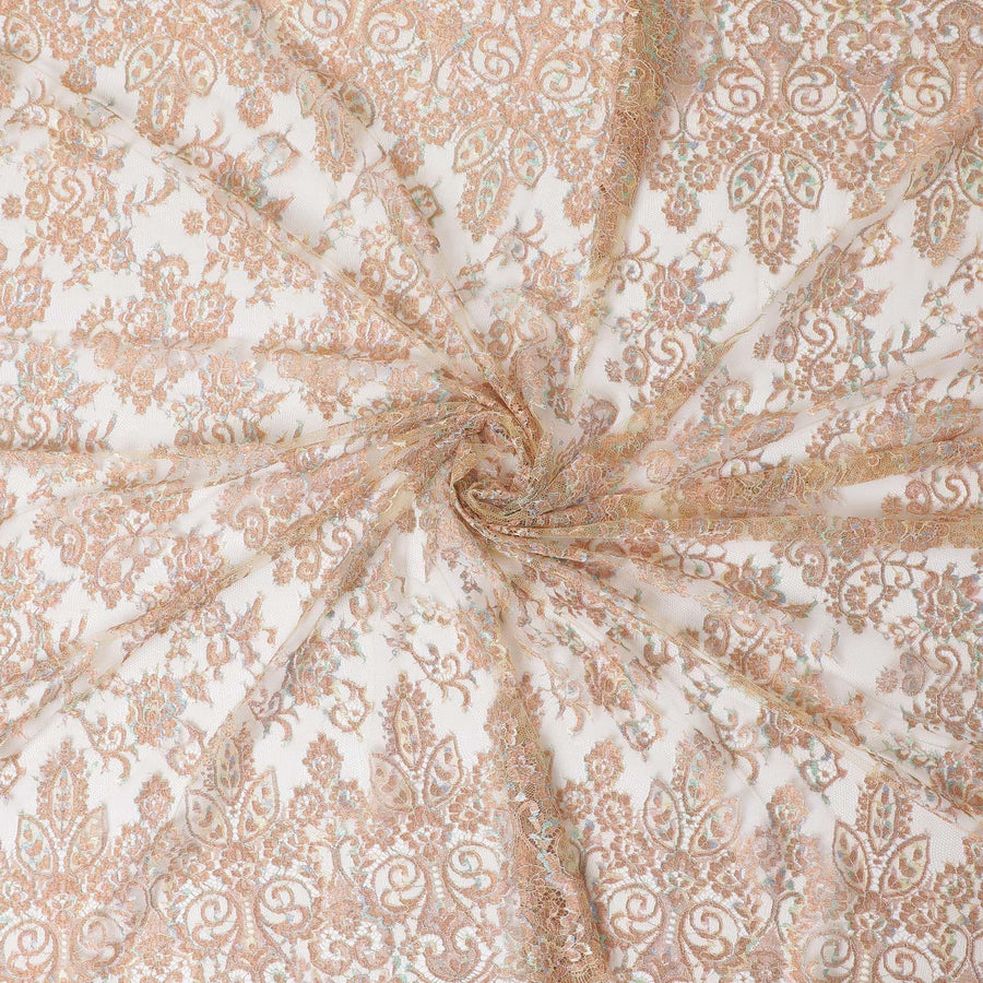 Pale brown, multicolor premium metallic French chantilly lace in floral design-D12303