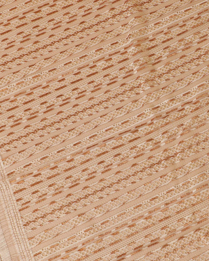 Beige Premium Wedding French chantilly lace fabric with copper metallic stripe design-D8365