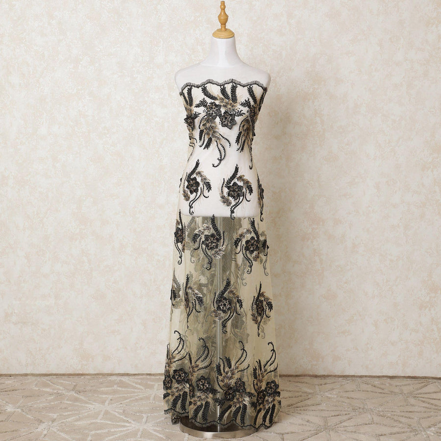Gold nylon tulle fabric with same tone, black embroidery having stone work in floral design-D12221