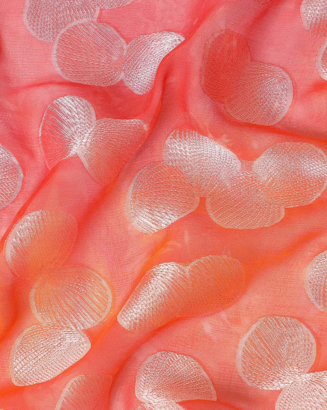 قماش شيفون حرير خالص برتقالي فاخر مع طباعة متعددة الألوان بها فيسكوز فضي بتصميم منقط-D13117