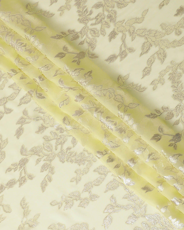 قماش شيفون من الحرير الخالص الفاخر مع زهرة الشمس الصفراء مع لوريكس معدني ذهبي بتصميم أوراق الشجر -D15451