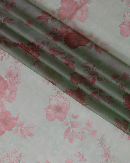 Hunter green premium pure silk chiffon fabric with cerise pink print in floral design-D10633