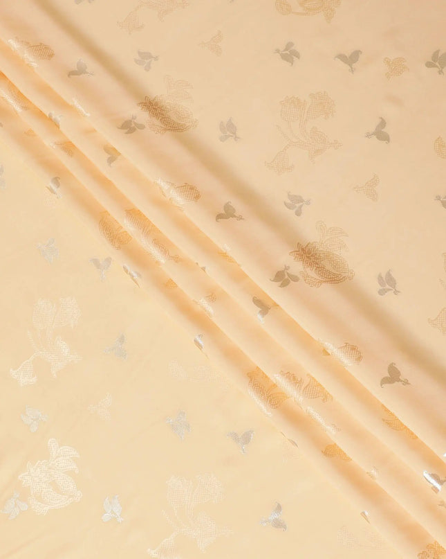 Peach Premium pure silk crepe fabric with same tone jacquard having gold metallic lurex weave in floral design-D14639 Regal Fabrics