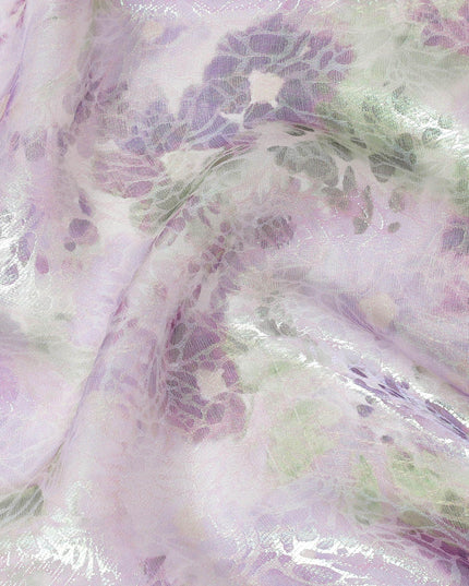 Light lilac Premium pure silk chiffon fabric with multicolor print having neon green metallic lurex in floral design-D15467