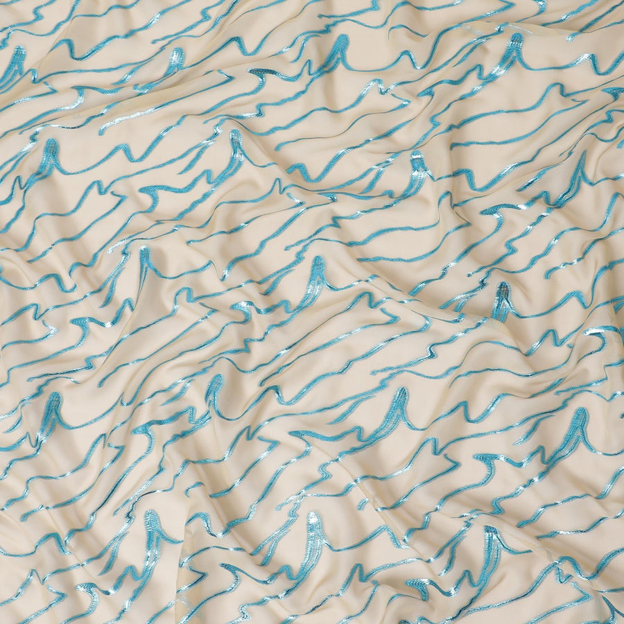 Sand beige premium pure silk chiffon fabric with azure metallic lurex in abstract design-D11515