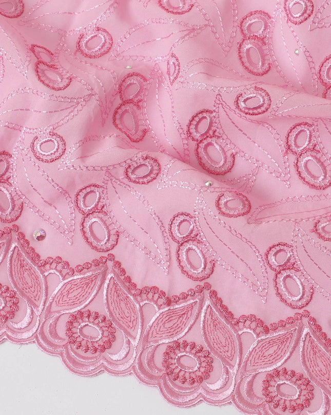 Baby pink Premium pure 100% Swiss cotton voile (Sudanese Thobe) fabric with same tone and hot pink embroidery having stone work in fancy design-D13795