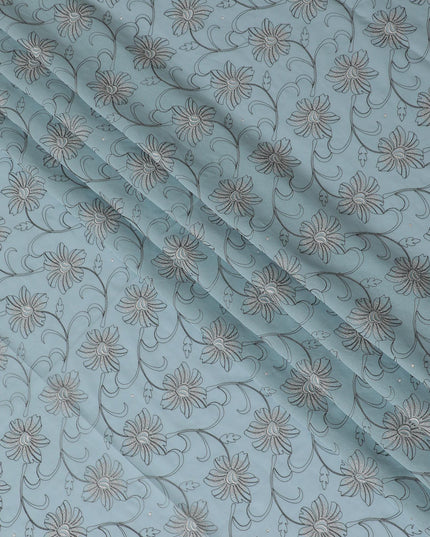 Light mint blue Premium pure 100% Swiss cotton voile (Sudanese Thobe) fabric with grey and silver embroidery having stone work in fancy design-D13797