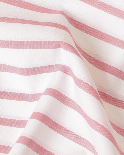 White cotton linen shirting fabric with peach print in stripe design-D7408