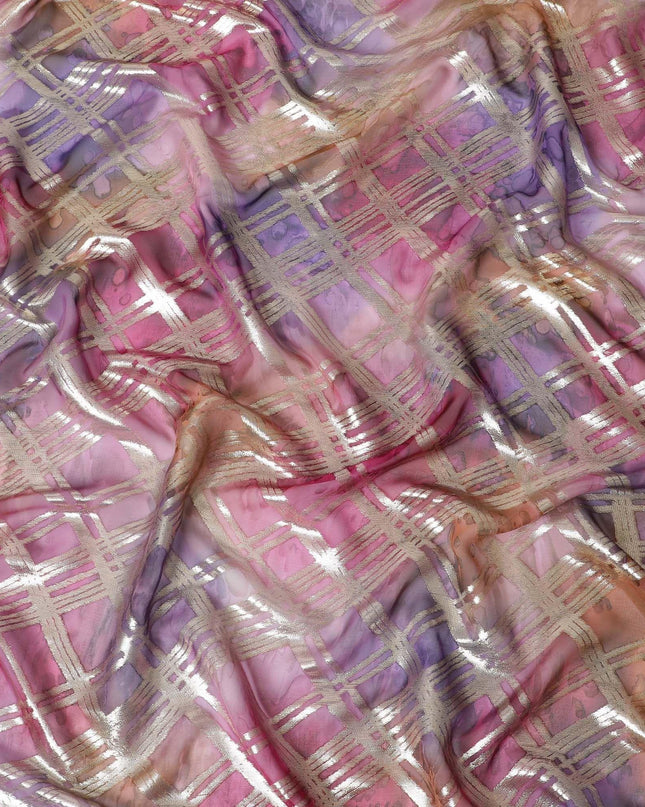 قماش شيفون من الحرير الخالص متعدد الألوان مع لوريكس معدني ذهبي بتصميم مربعات -D11414