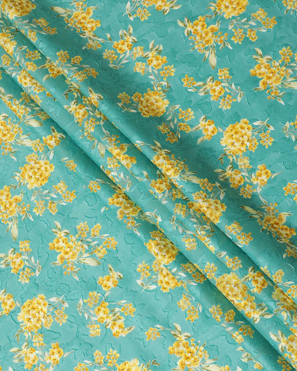 Jade green uragiri cotton voile fabric with same tone jacquard having mustard, olive green and black print in floral design-D14322