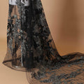Black Premium wedding nylon tulle fabric with same tone, olive green embroidery having pearls and beads in floral design-D7922