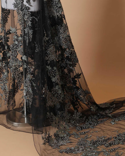 Black Premium wedding nylon tulle fabric with same tone, olive green embroidery having pearls and beads in floral design-D7922