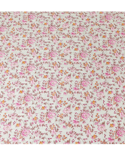 Mint green cotton satin fabric with pink, peach and brown print in floral design-D15287 - Regal Fabrics