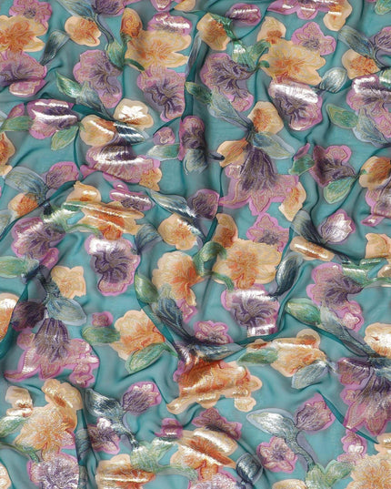 قماش شيفون حريري نقي فاخر باللون الأخضر مع طباعة يدوية متعددة الألوان ولوريكس معدني بتصميم زهور-D10427