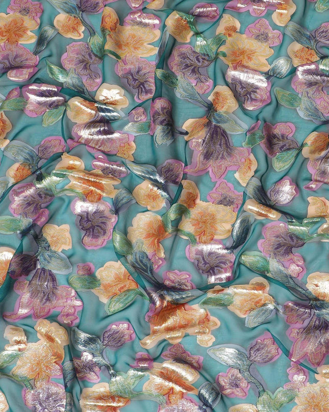 قماش شيفون حريري نقي فاخر باللون الأخضر مع طباعة يدوية متعددة الألوان ولوريكس معدني بتصميم زهور-D10427