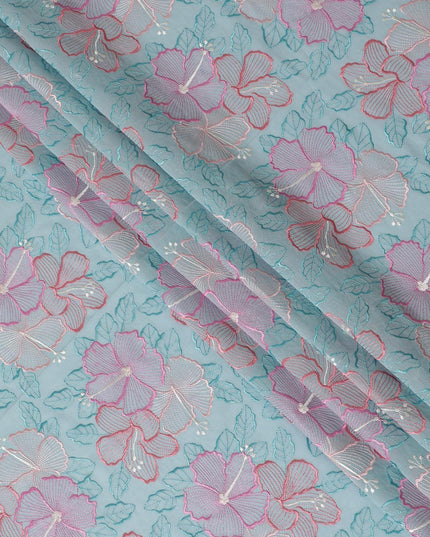 Baby blue Premium pure cotton voile fabric with same tone, beige, salmon pink and peach embroidery in floral design-D15247