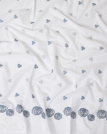 قماش فوال من القطن الخالص الأبيض الفاخر بنفس اللون والتطريز الأزرق بتصميم الأزهار-D13602
