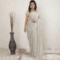 Off white, gold, silver Premium Pure metallic French chantilly lace saree having stone work in floral design-D13473