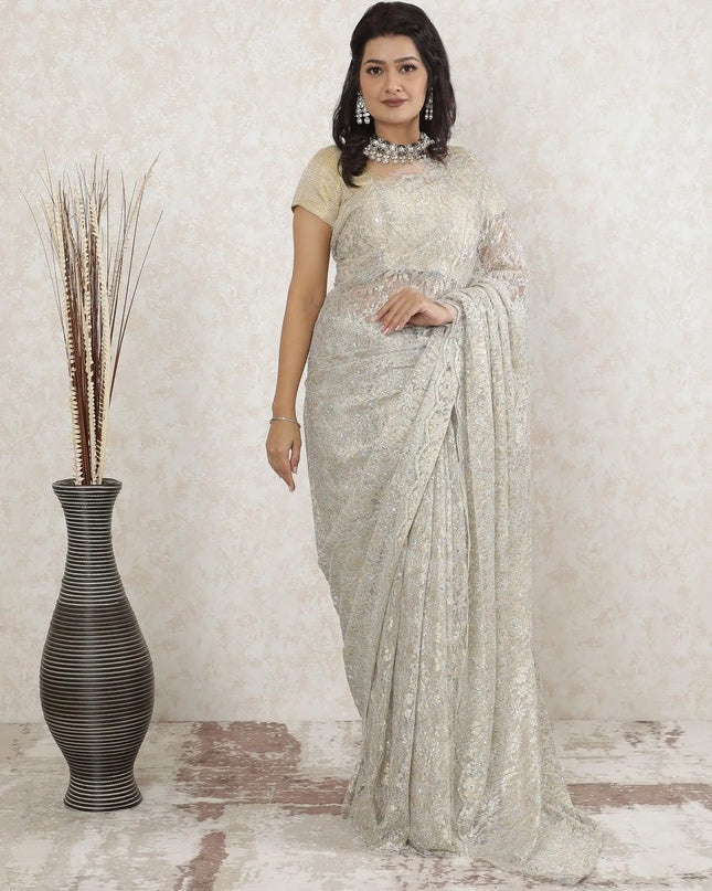 Off white, gold, silver Premium Pure metallic French chantilly lace saree having stone work in floral design-D13473 Regal Fabrics